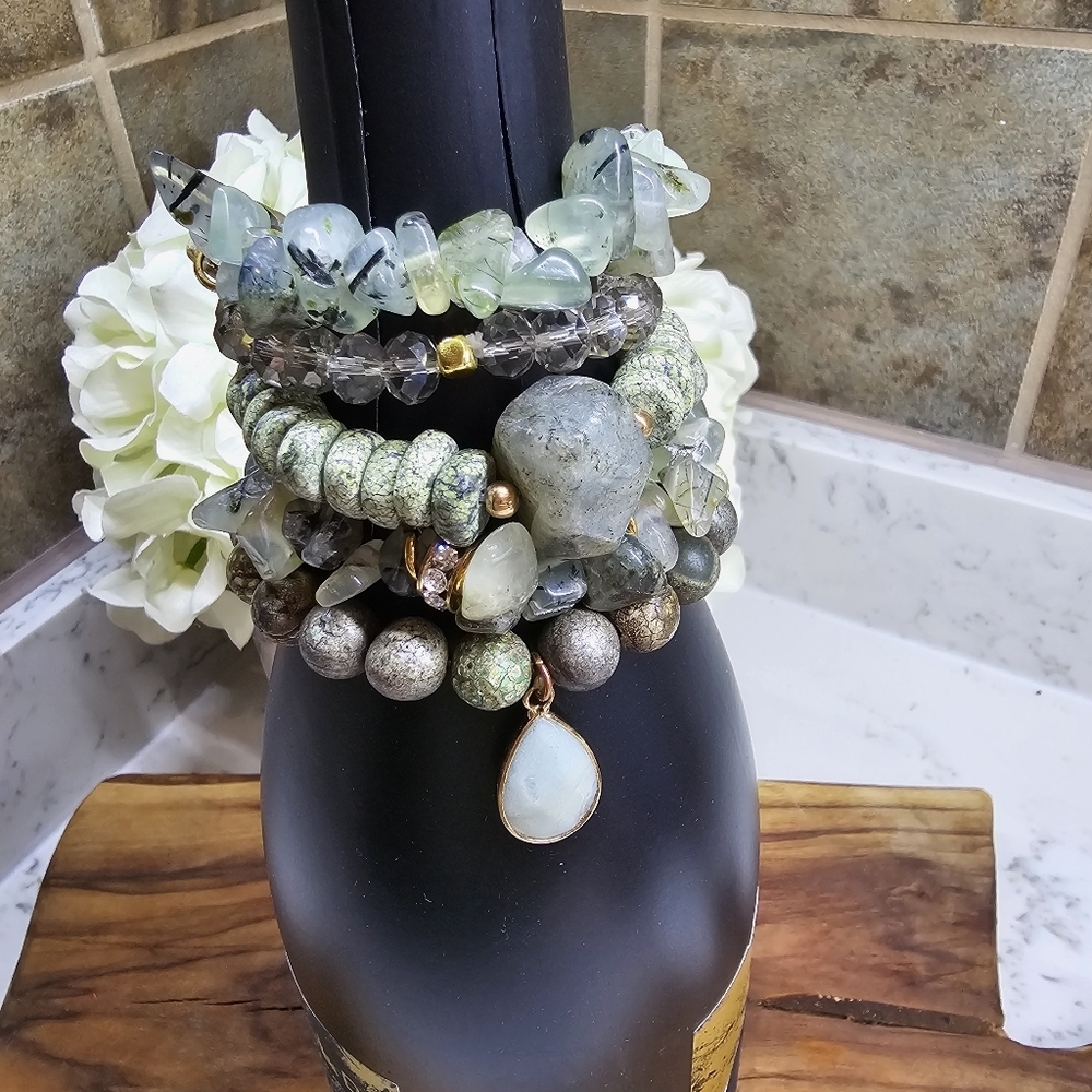 Druzy Dreams Stack Bracelets Set In Green - Picture 1 of 8